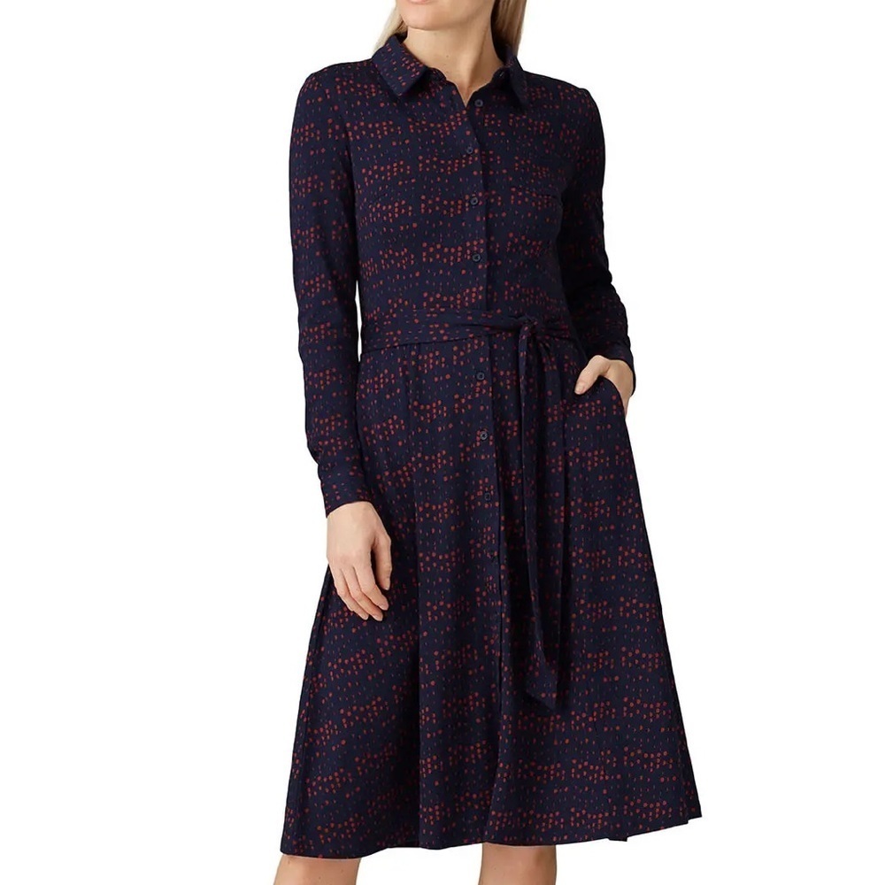 Boden Susannah Navy & Orange Polka Dot Midi Shirt Dress - Size 6R
